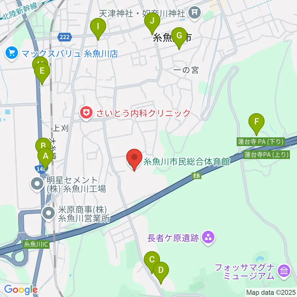 糸魚川市民総合体育館周辺のファミレス・ファーストフード一覧地図