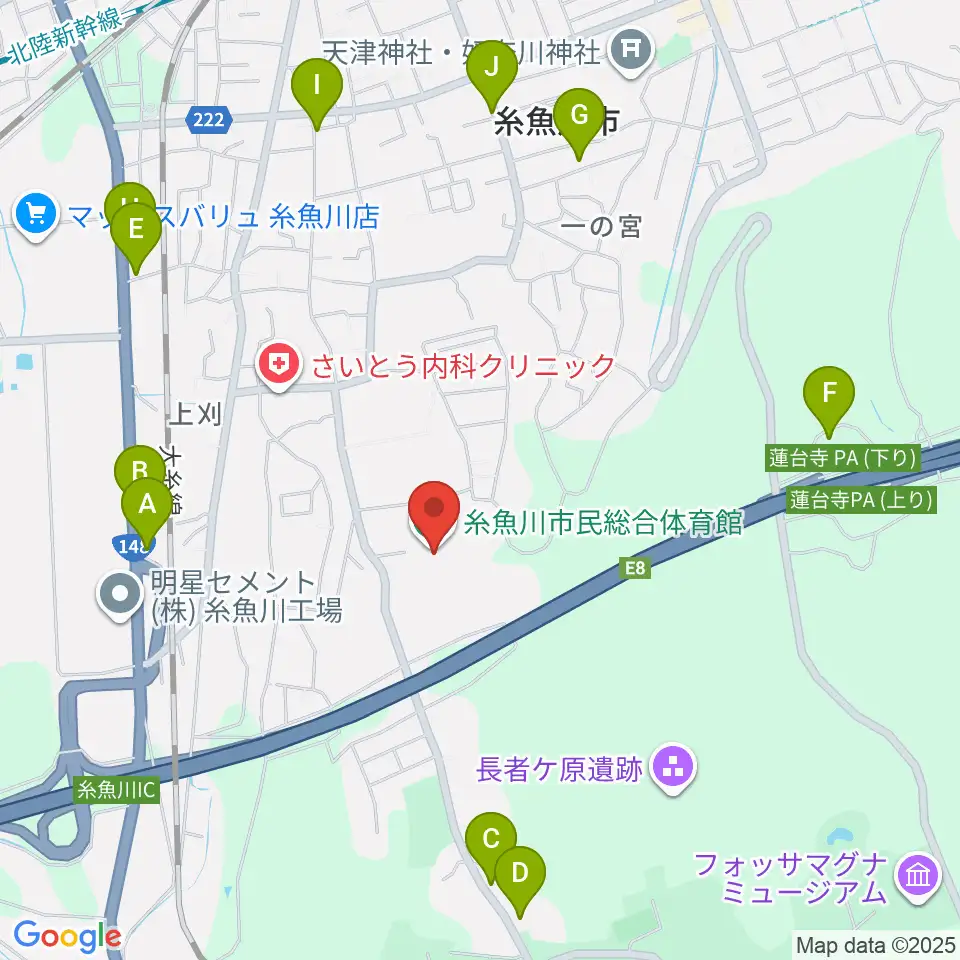 糸魚川市民総合体育館周辺のファミレス・ファーストフード一覧地図