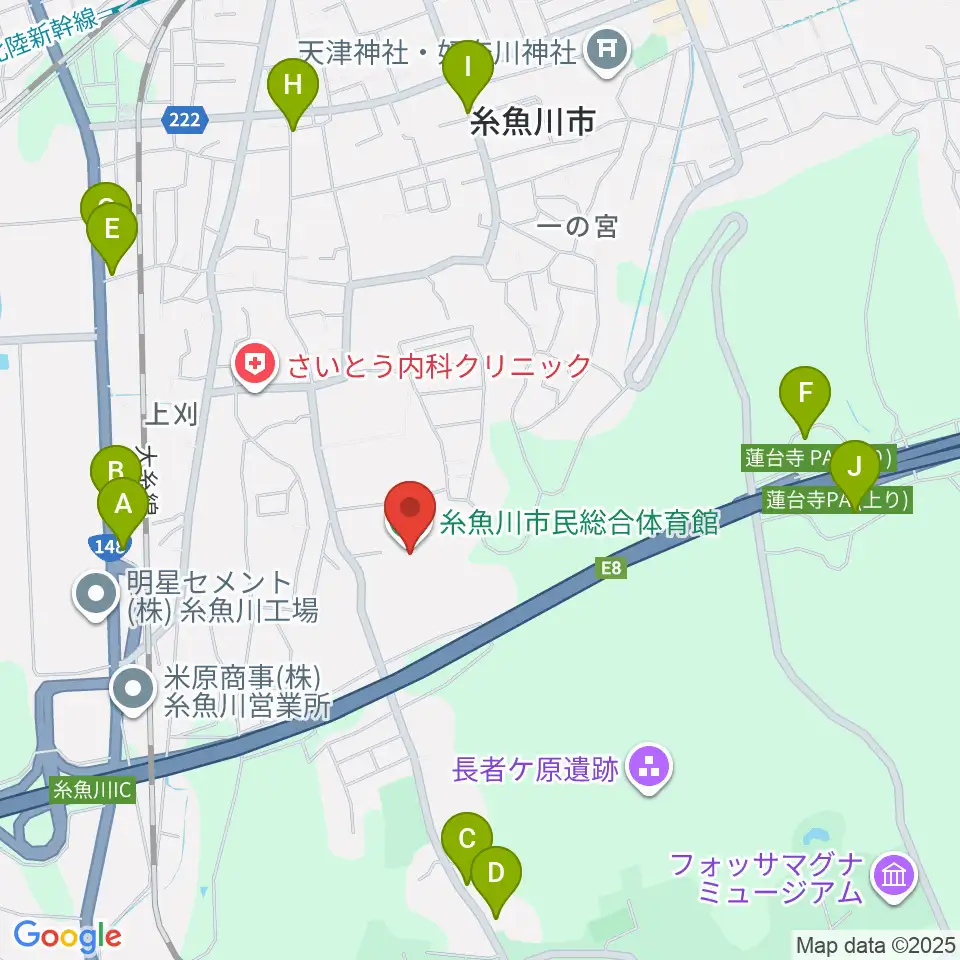 糸魚川市民総合体育館周辺のファミレス・ファーストフード一覧地図