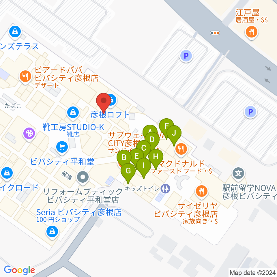 彦根ビバシティシネマ周辺のファミレス・ファーストフード一覧地図