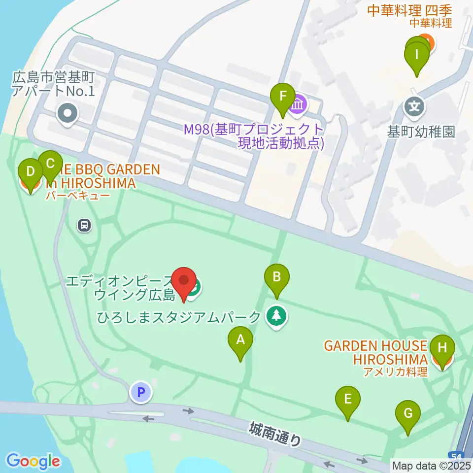 エディオンピースウイング広島周辺のファミレス・ファーストフード一覧地図
