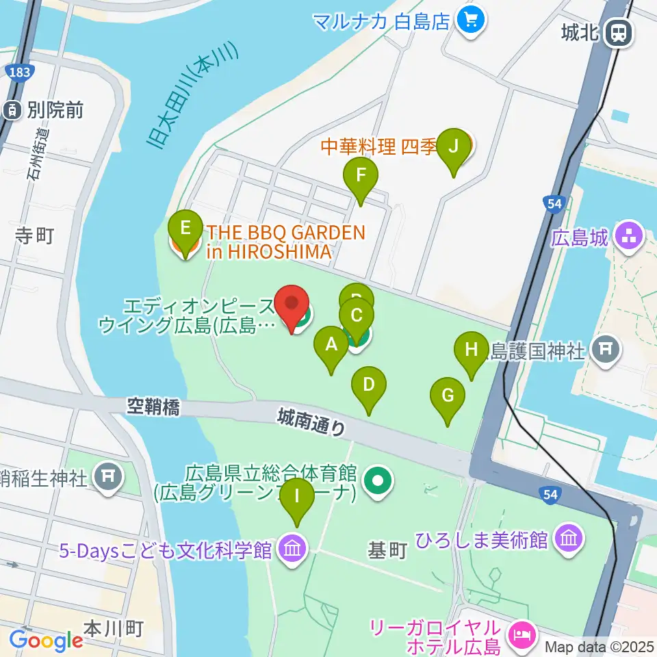 エディオンピースウイング広島周辺のファミレス・ファーストフード一覧地図