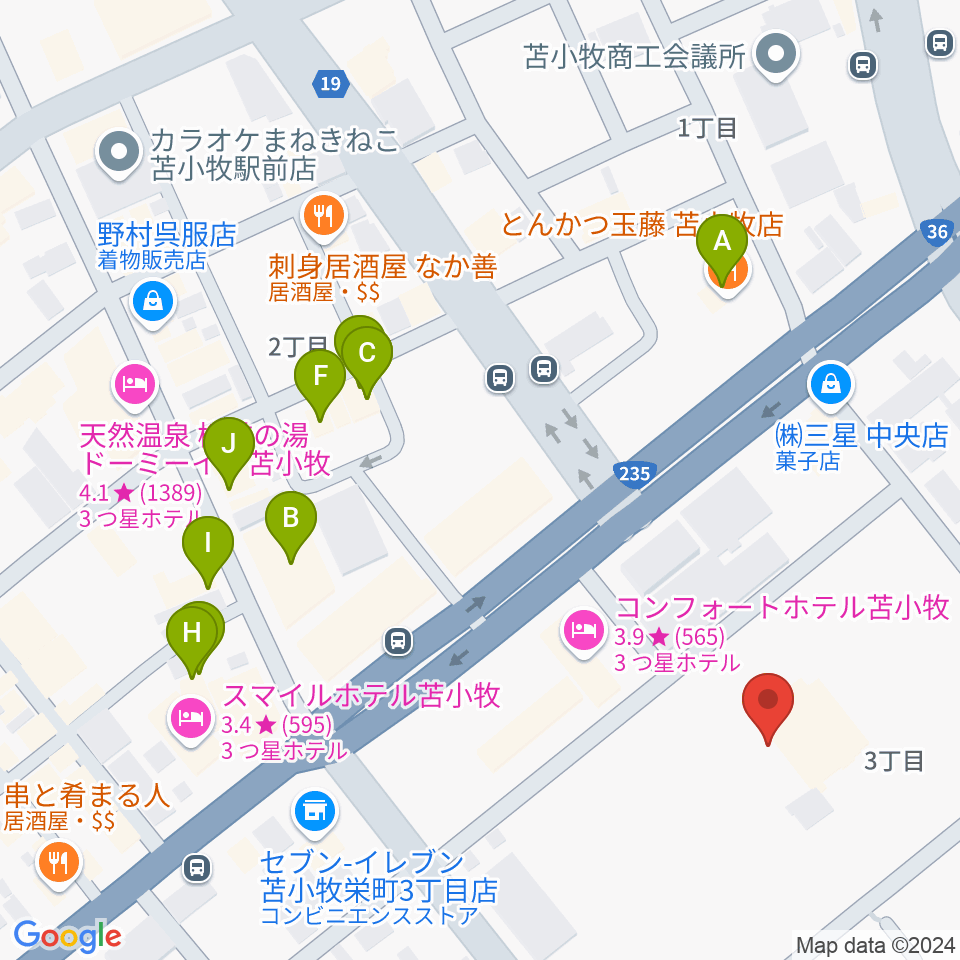 苫小牧市民文化ホール周辺のファミレス・ファーストフード一覧地図