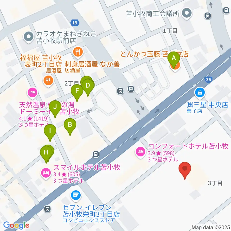 苫小牧市民文化ホール周辺のファミレス・ファーストフード一覧地図