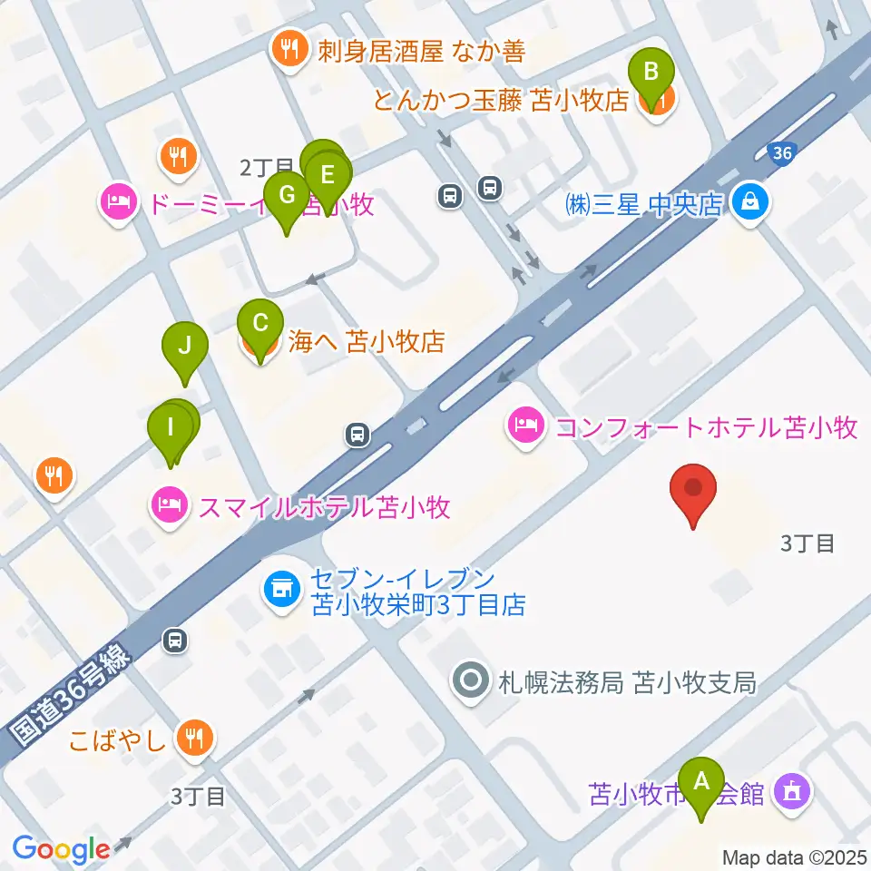 苫小牧市民文化ホール周辺のファミレス・ファーストフード一覧地図