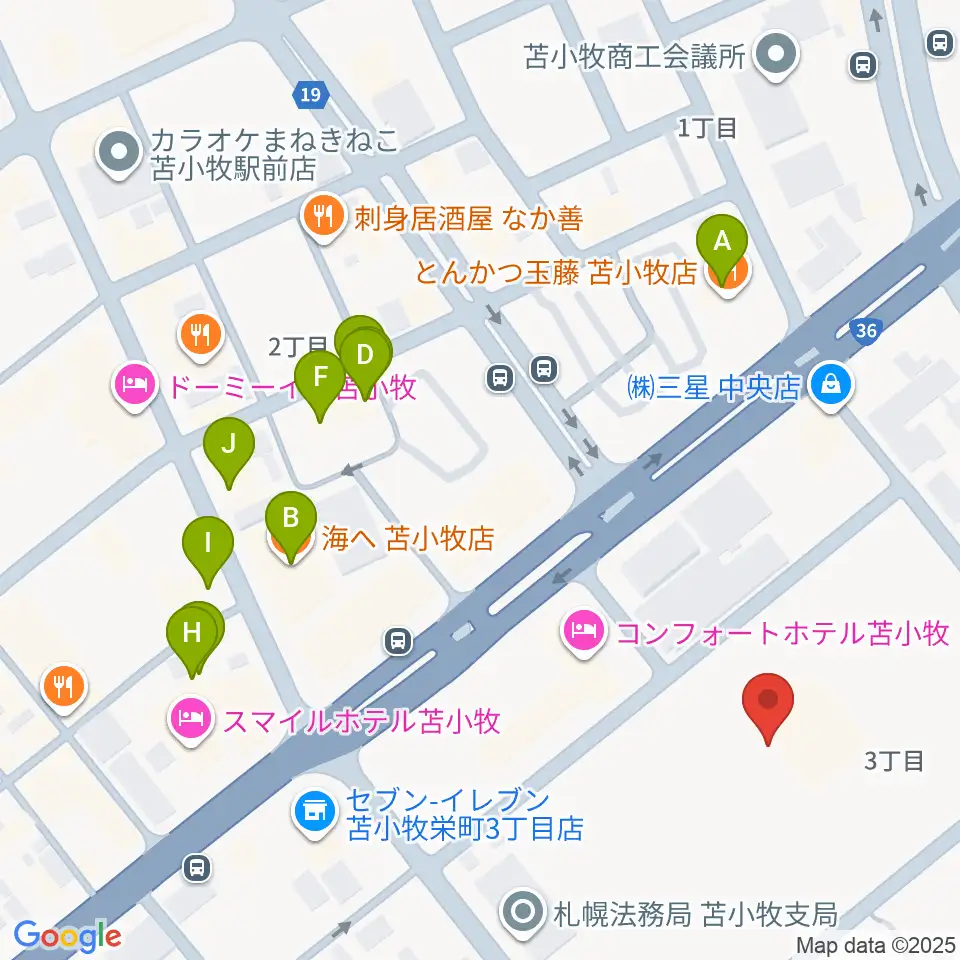 苫小牧市民文化ホール周辺のファミレス・ファーストフード一覧地図