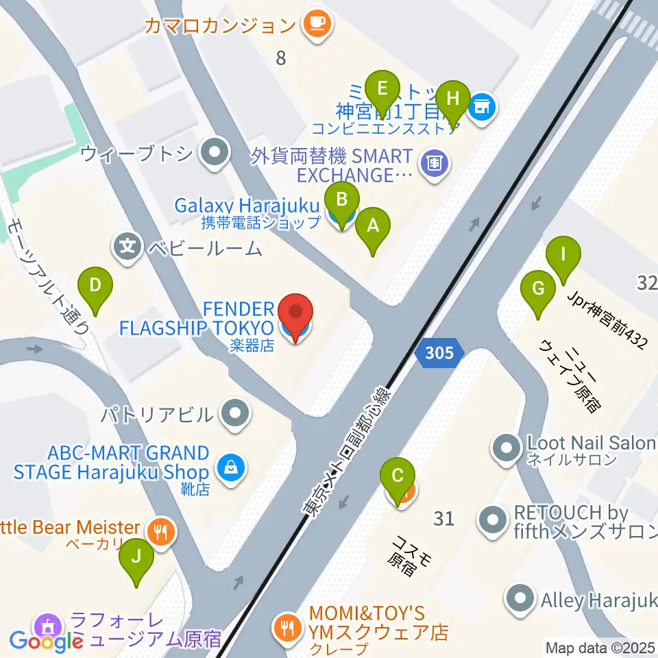 FENDER FLAGSHIP TOKYO周辺のファミレス・ファーストフード一覧地図