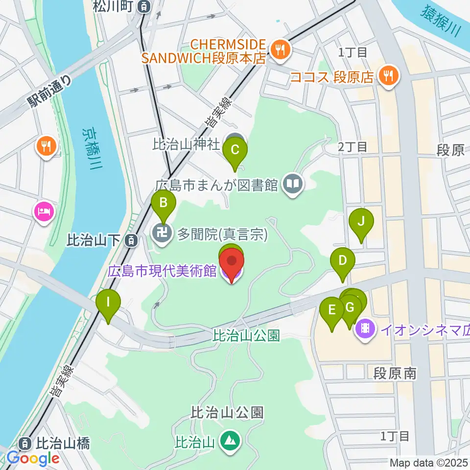 広島市現代美術館周辺のファミレス・ファーストフード一覧地図