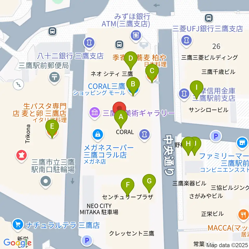 三鷹市美術ギャラリー周辺のファミレス・ファーストフード一覧地図