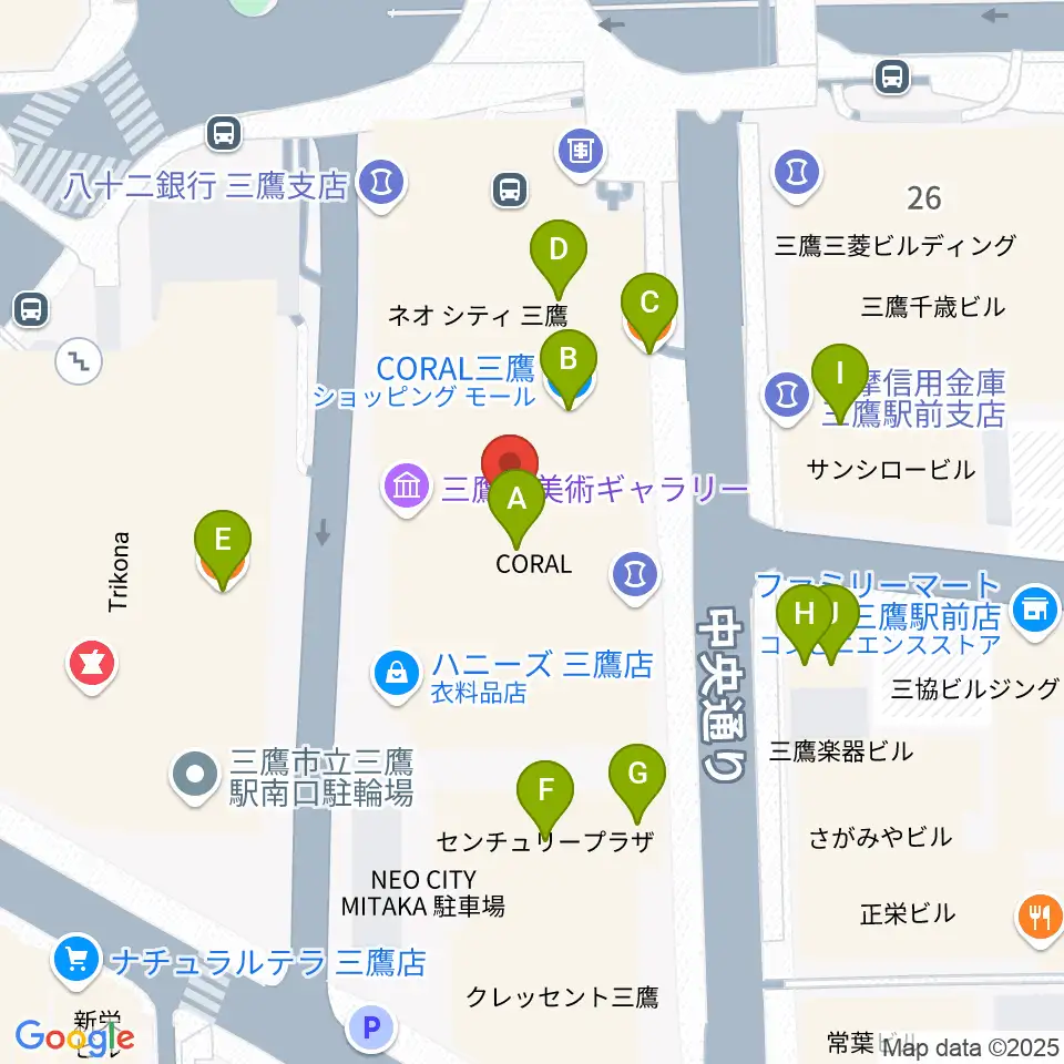 三鷹市美術ギャラリー周辺のファミレス・ファーストフード一覧地図