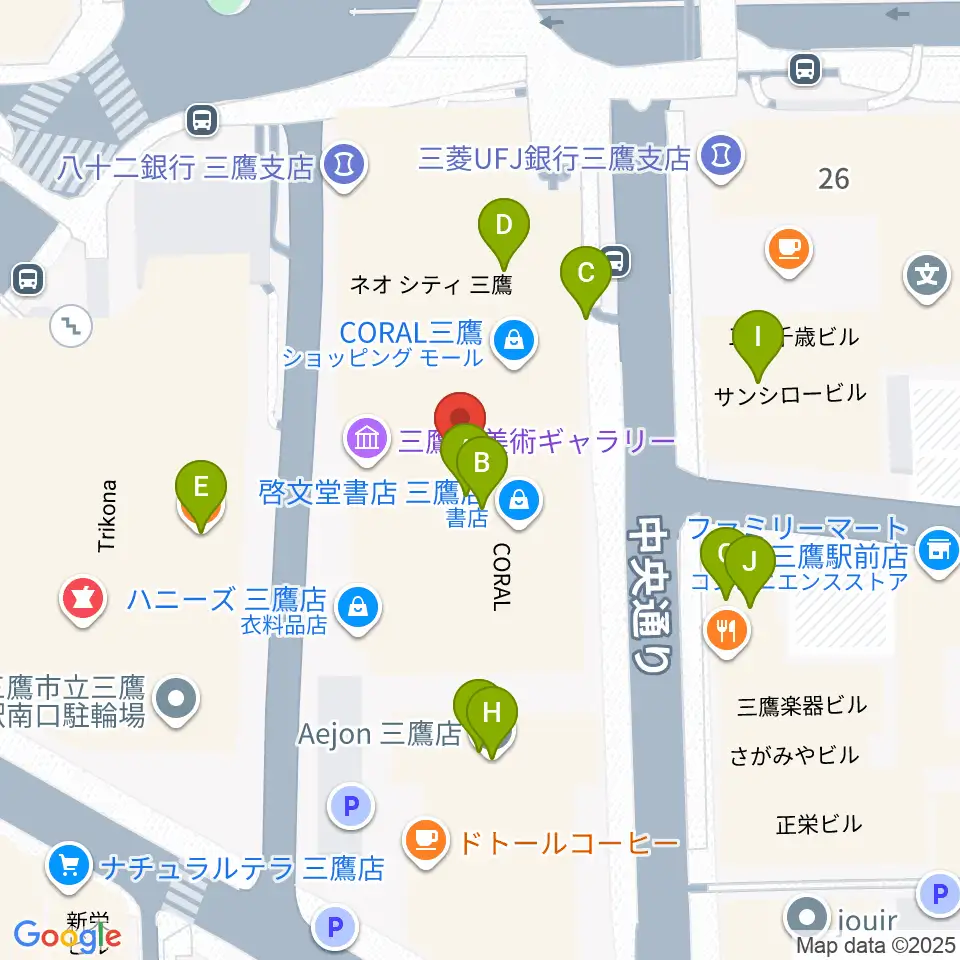 三鷹市美術ギャラリー周辺のファミレス・ファーストフード一覧地図