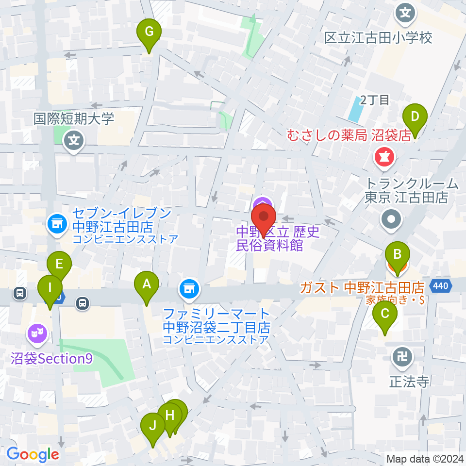 中野区立歴史民俗資料館周辺のファミレス・ファーストフード一覧地図