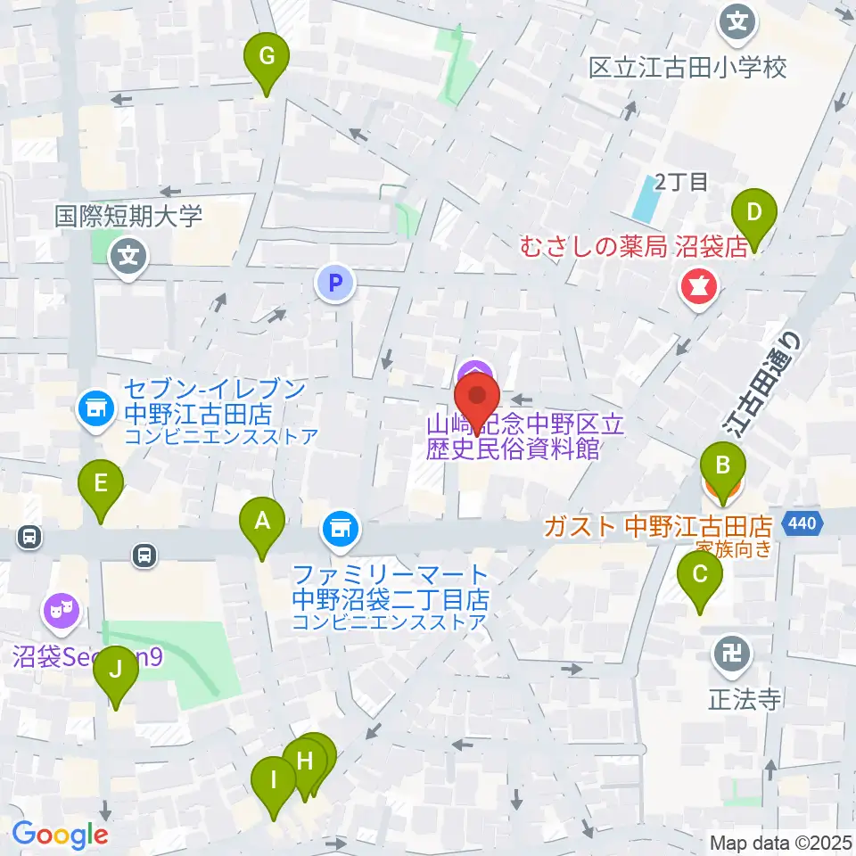 中野区立歴史民俗資料館周辺のファミレス・ファーストフード一覧地図