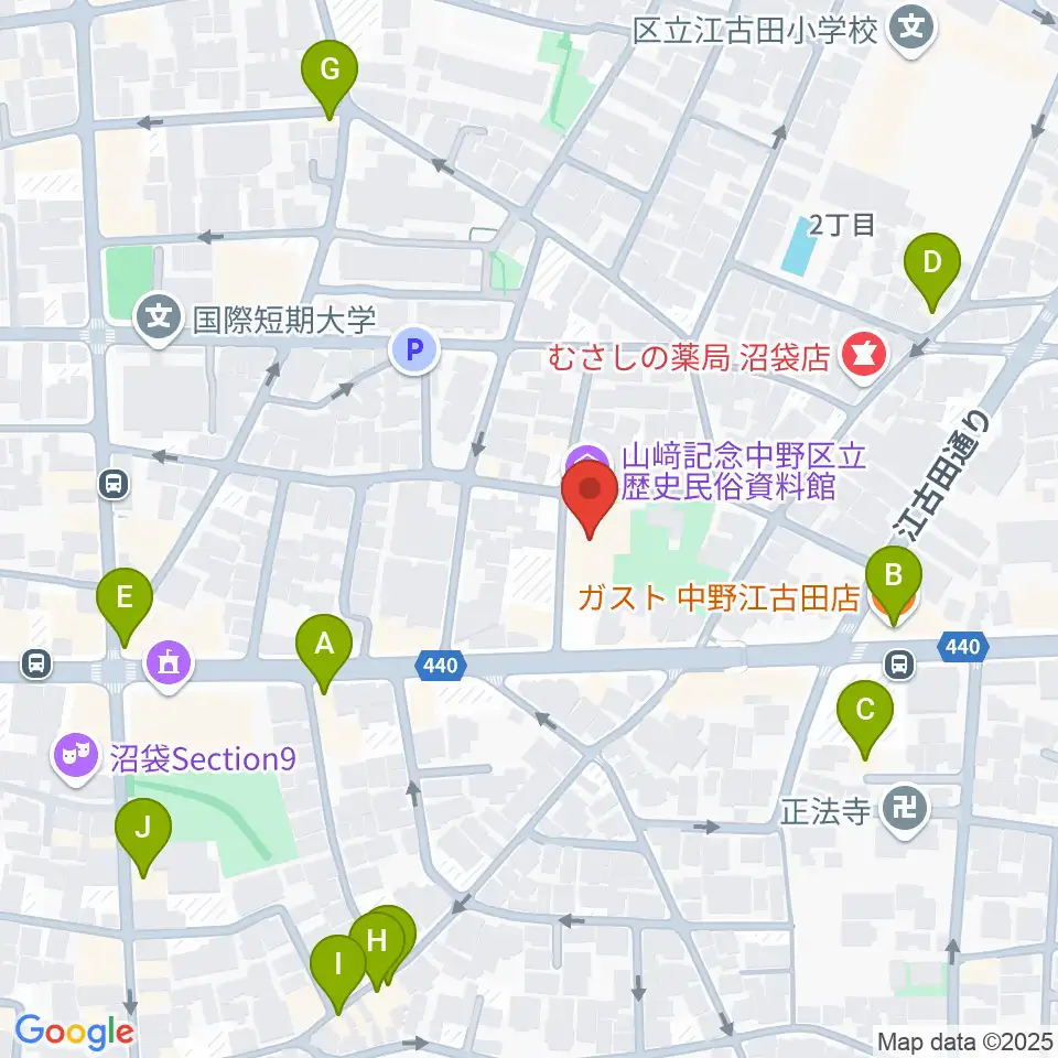 中野区立歴史民俗資料館周辺のファミレス・ファーストフード一覧地図