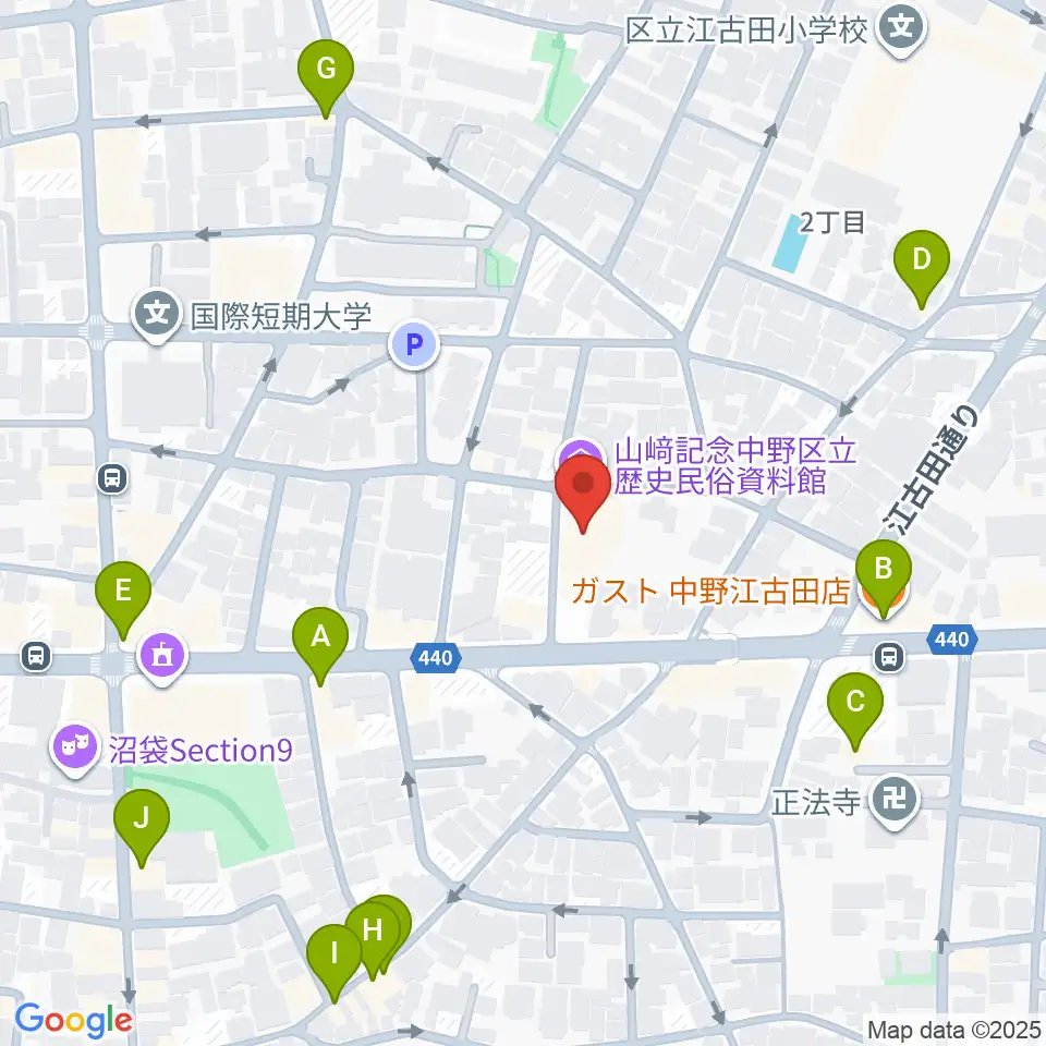 中野区立歴史民俗資料館周辺のファミレス・ファーストフード一覧地図