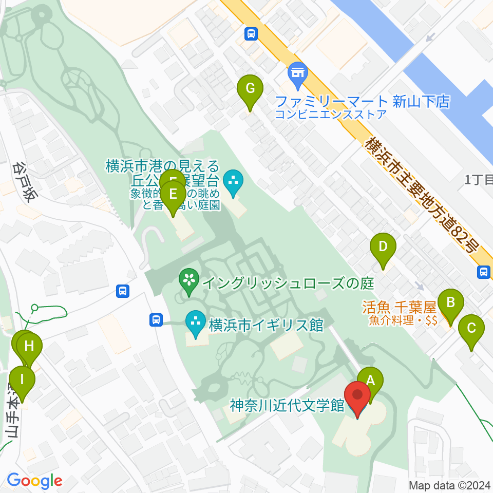 神奈川近代文学館周辺のファミレス・ファーストフード一覧地図