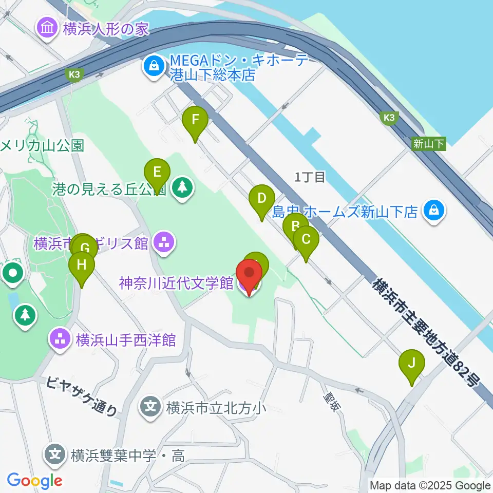 神奈川近代文学館周辺のファミレス・ファーストフード一覧地図