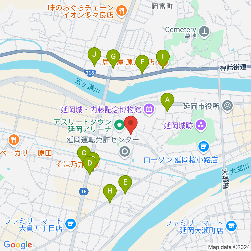 アスリートタウン延岡アリーナ周辺のファミレス・ファーストフード一覧地図