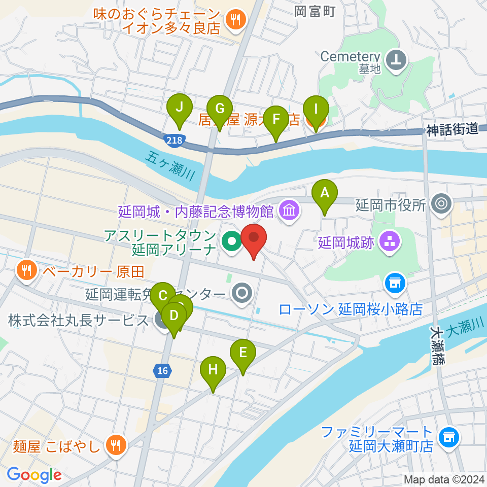 アスリートタウン延岡アリーナ周辺のファミレス・ファーストフード一覧地図