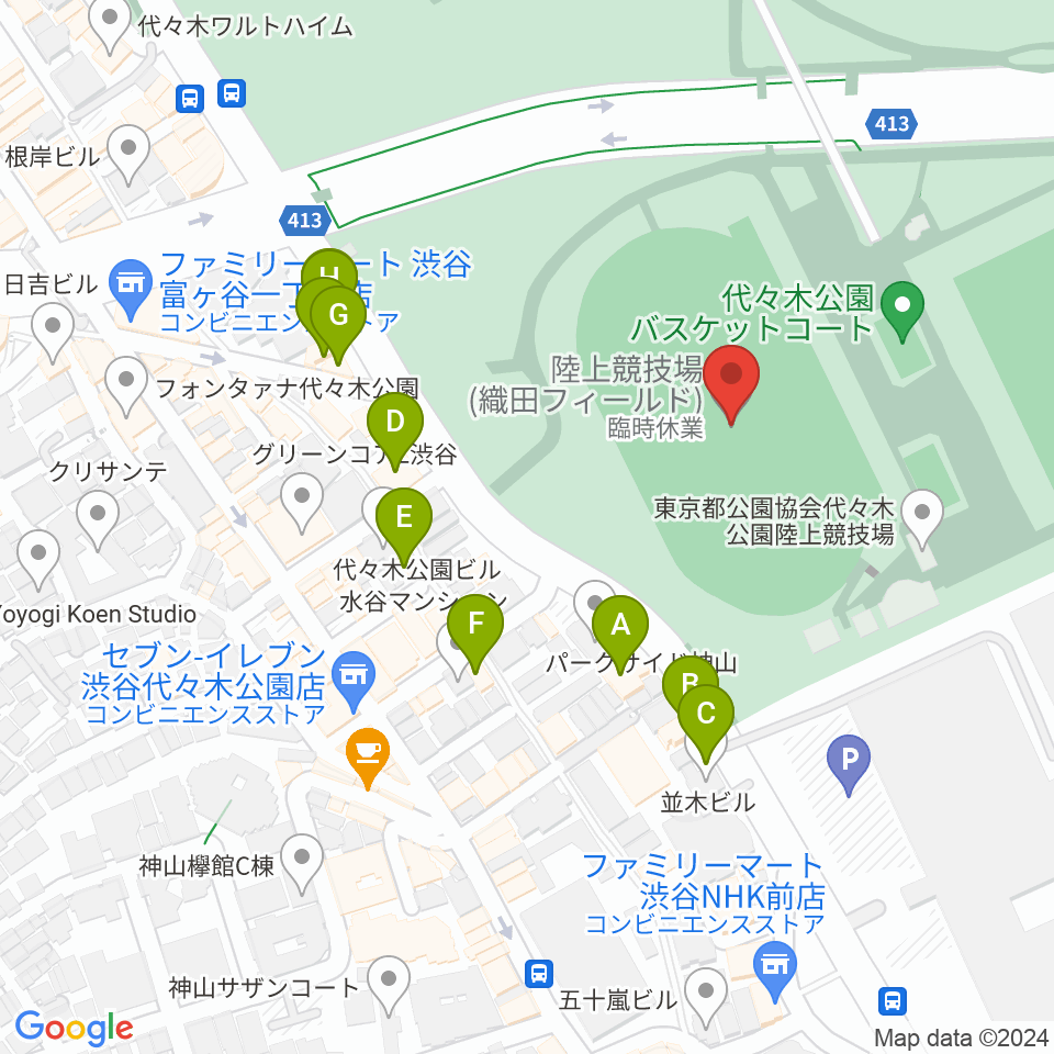 代々木公園陸上競技場周辺のファミレス・ファーストフード一覧地図