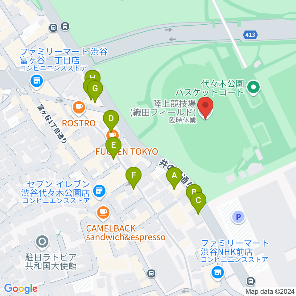 代々木公園陸上競技場周辺のファミレス・ファーストフード一覧地図