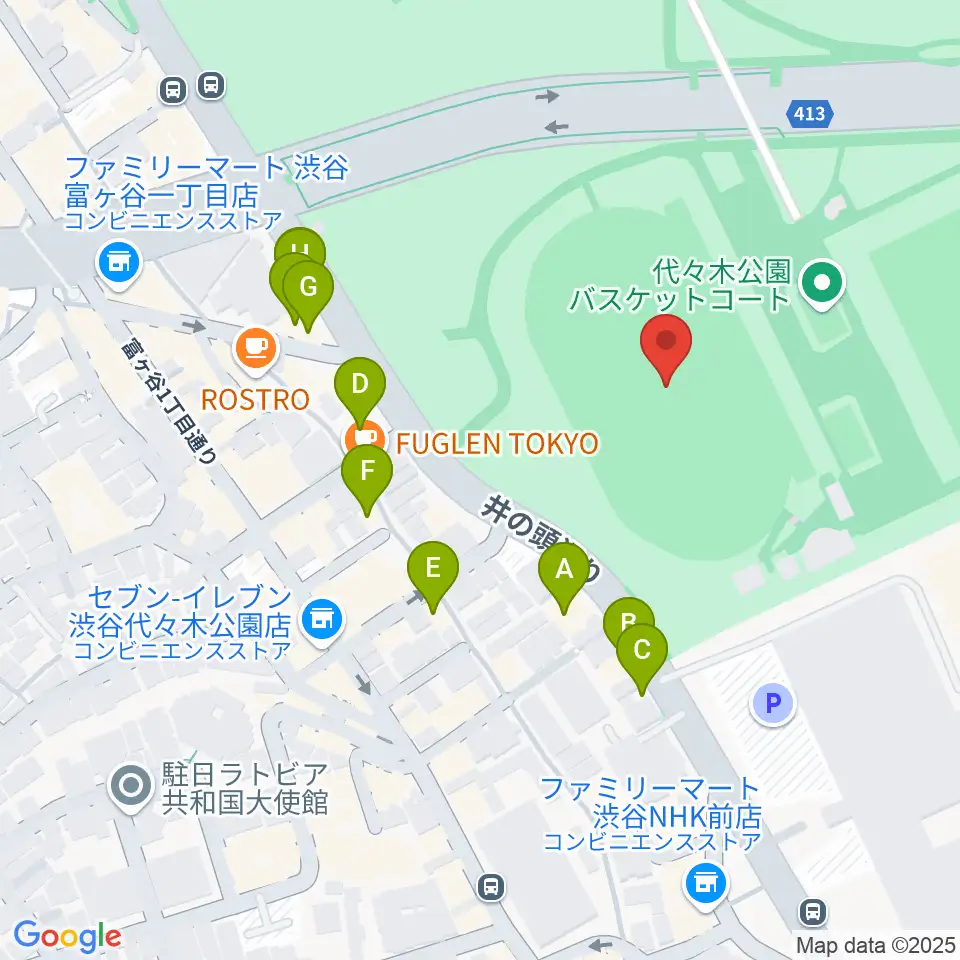 代々木公園陸上競技場周辺のファミレス・ファーストフード一覧地図