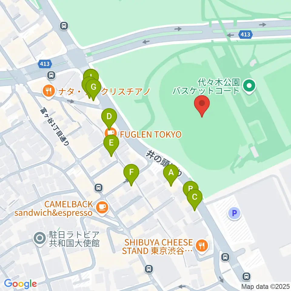 代々木公園陸上競技場周辺のファミレス・ファーストフード一覧地図