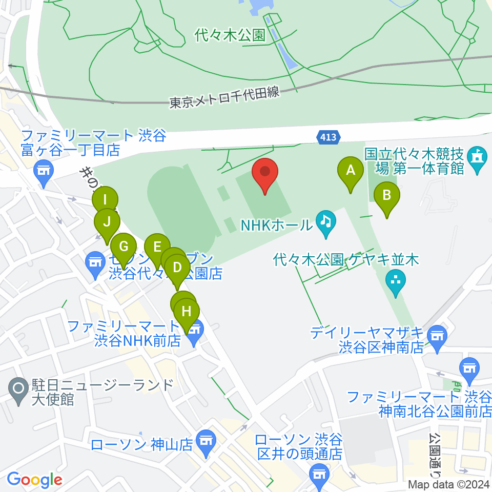 代々木公園球技場周辺のファミレス・ファーストフード一覧地図