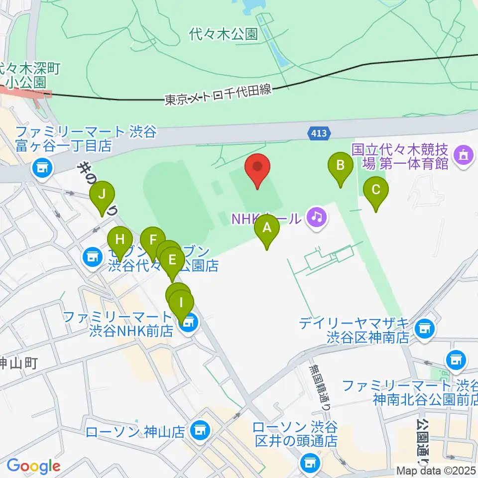 代々木公園球技場周辺のファミレス・ファーストフード一覧地図