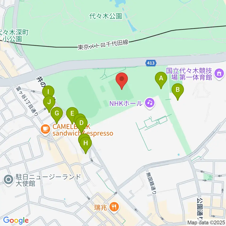 代々木公園球技場周辺のファミレス・ファーストフード一覧地図