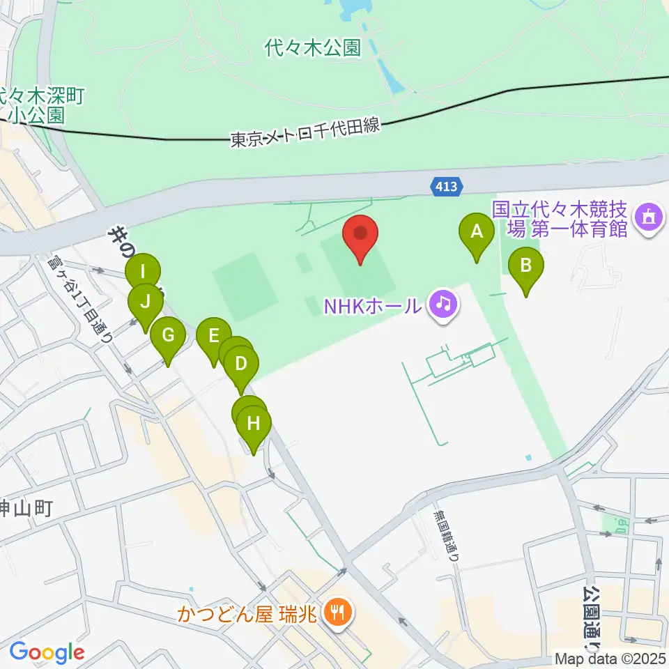 代々木公園球技場周辺のファミレス・ファーストフード一覧地図