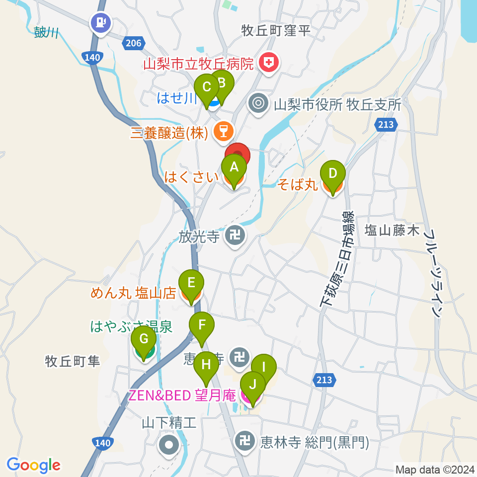 山梨市花かげホール周辺のファミレス・ファーストフード一覧地図