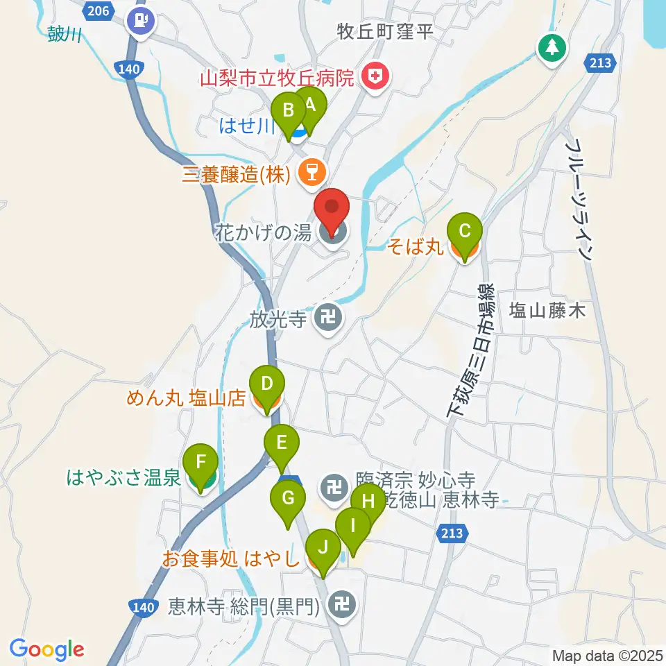 山梨市花かげホール周辺のファミレス・ファーストフード一覧地図