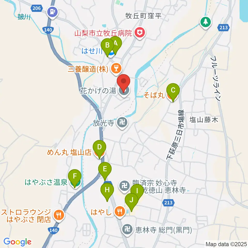 山梨市花かげホール周辺のファミレス・ファーストフード一覧地図