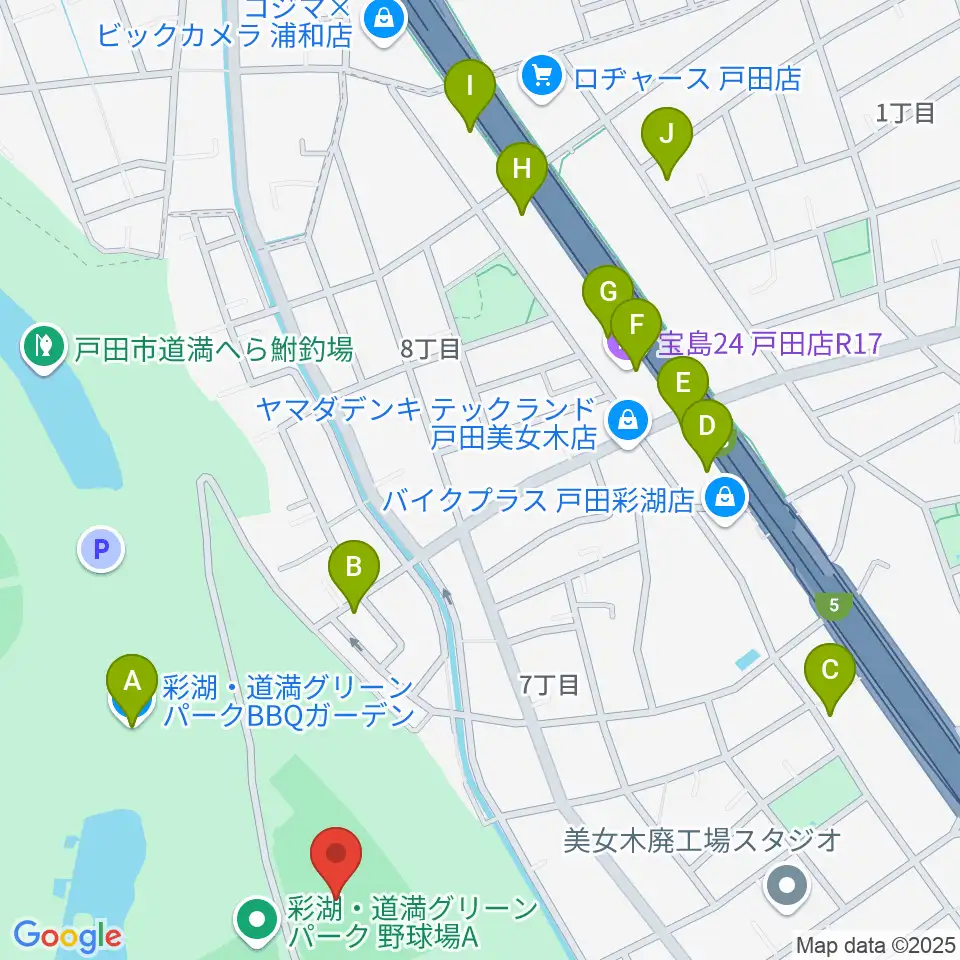 ヤクルト戸田グラウンド周辺のファミレス・ファーストフード一覧地図