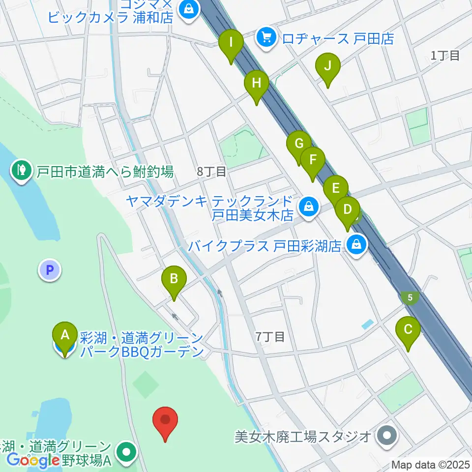 ヤクルト戸田グラウンド周辺のファミレス・ファーストフード一覧地図