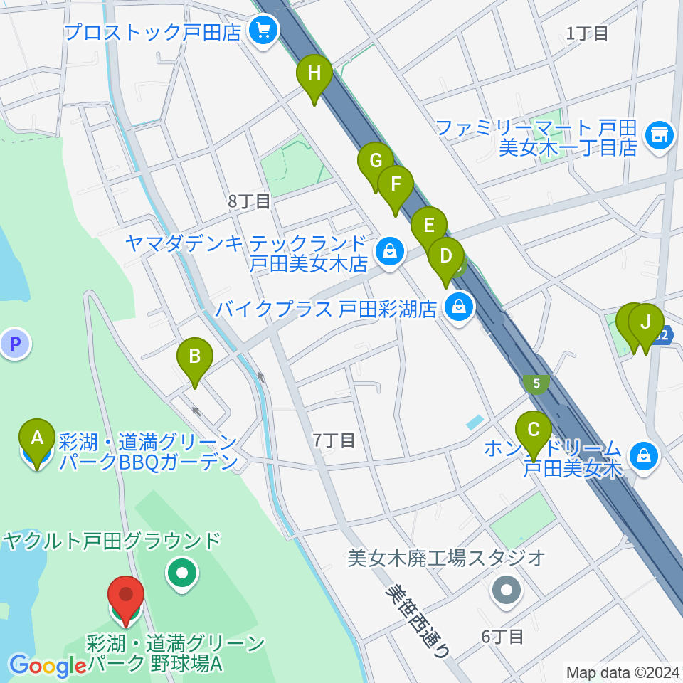 彩湖・道満グリーンパーク野球場周辺のファミレス・ファーストフード一覧地図