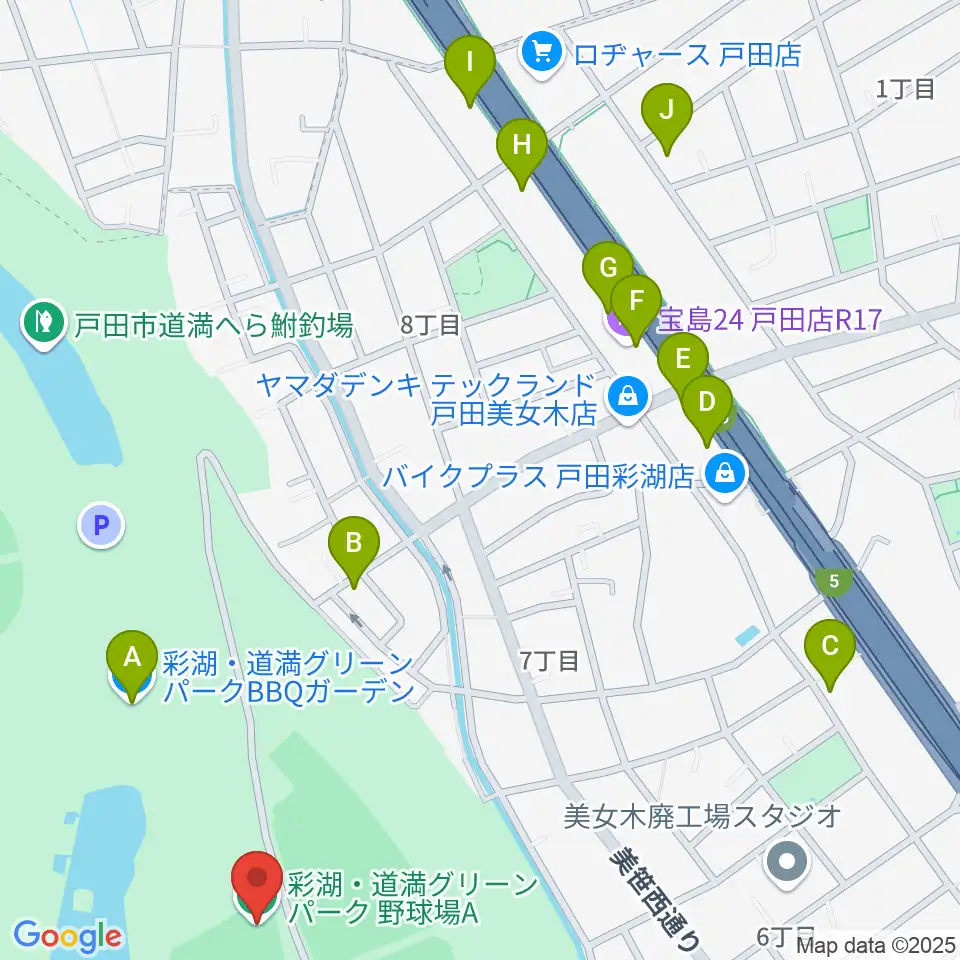 彩湖・道満グリーンパーク野球場周辺のファミレス・ファーストフード一覧地図