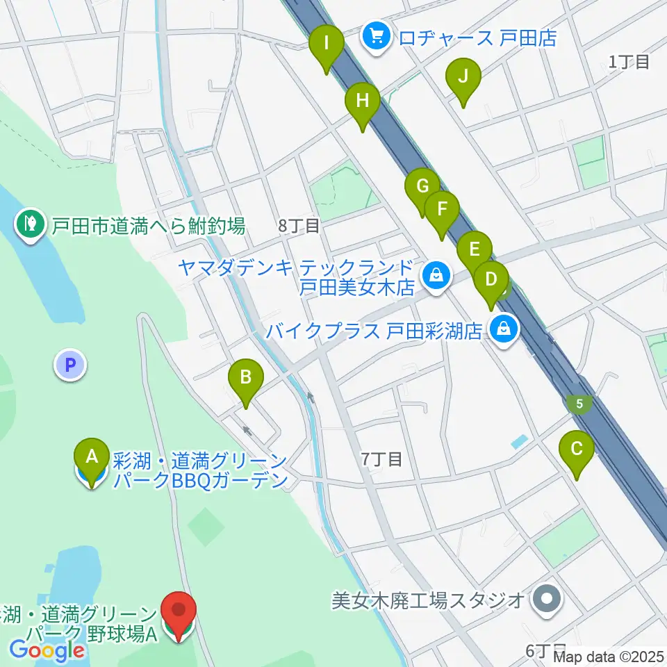彩湖・道満グリーンパーク野球場周辺のファミレス・ファーストフード一覧地図