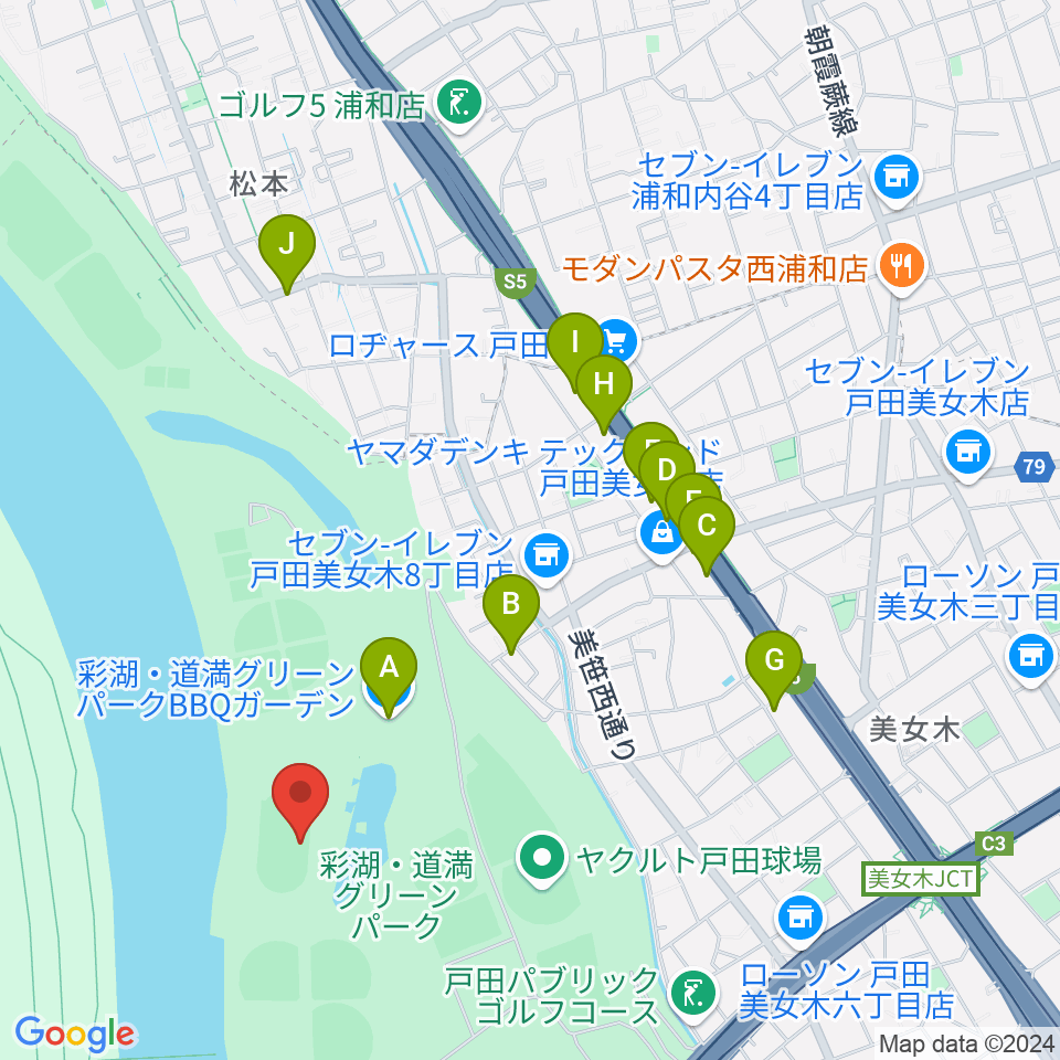 彩湖・道満グリーンパーク陸上競技場周辺のファミレス・ファーストフード一覧地図