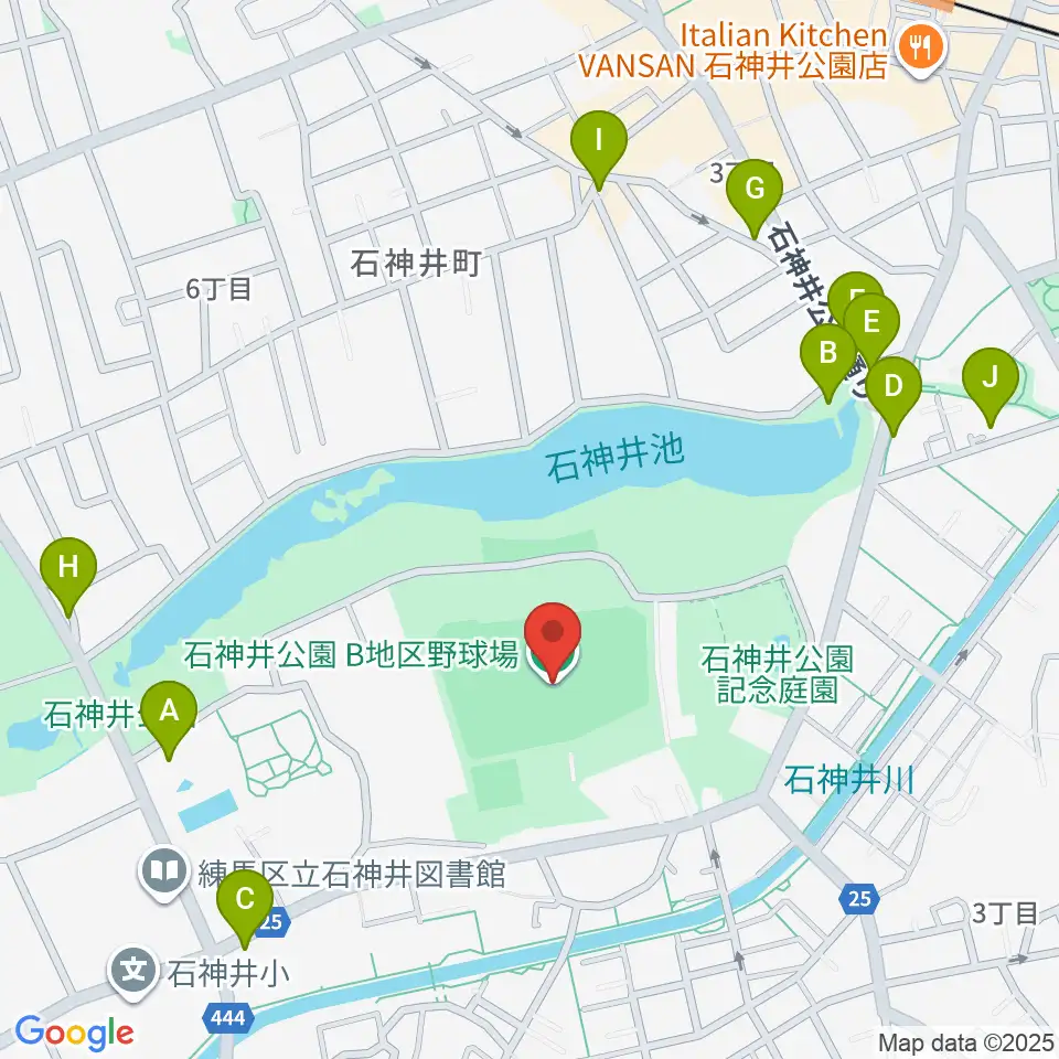 石神井公園野球場周辺のファミレス・ファーストフード一覧地図