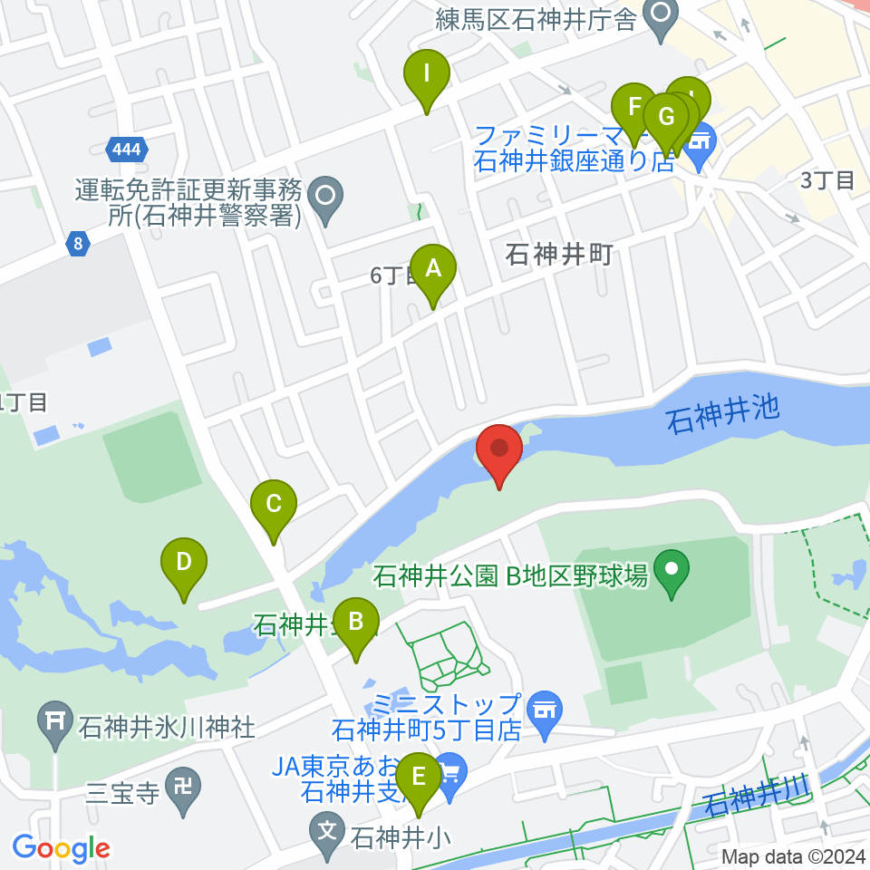 石神井公園野外ステージ周辺のファミレス・ファーストフード一覧地図