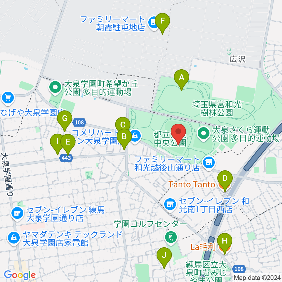 大泉中央公園野球場周辺のファミレス・ファーストフード一覧地図