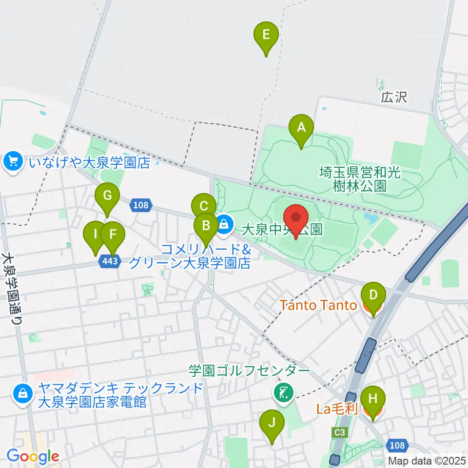 大泉中央公園野球場周辺のファミレス・ファーストフード一覧地図
