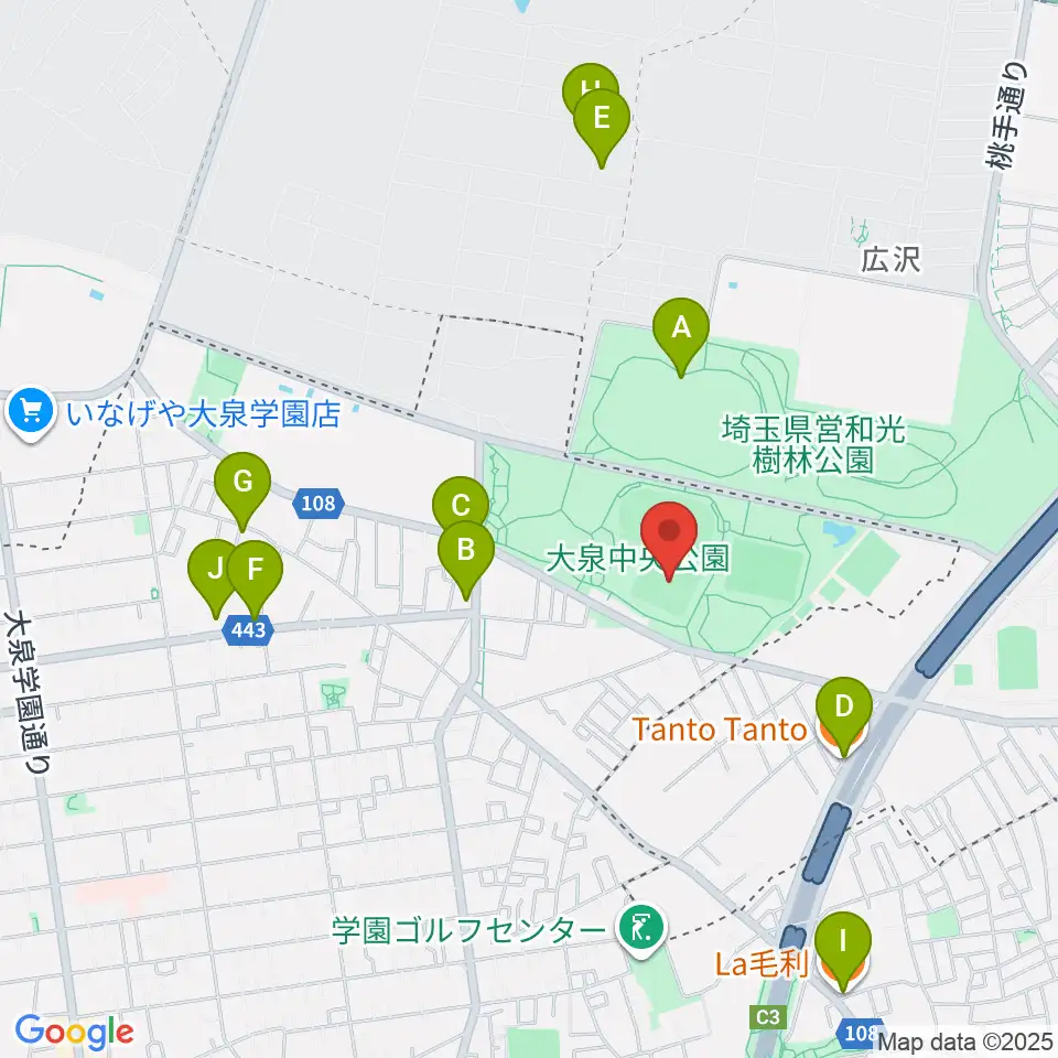 大泉中央公園野球場周辺のファミレス・ファーストフード一覧地図