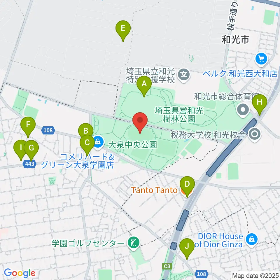 大泉中央公園陸上競技場周辺のファミレス・ファーストフード一覧地図