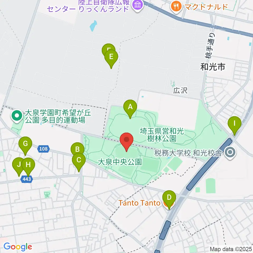 大泉中央公園陸上競技場周辺のファミレス・ファーストフード一覧地図