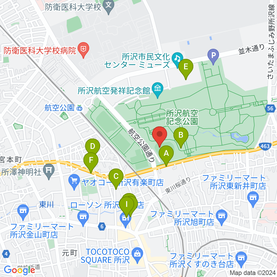 所沢航空記念公園野球場周辺のファミレス・ファーストフード一覧地図