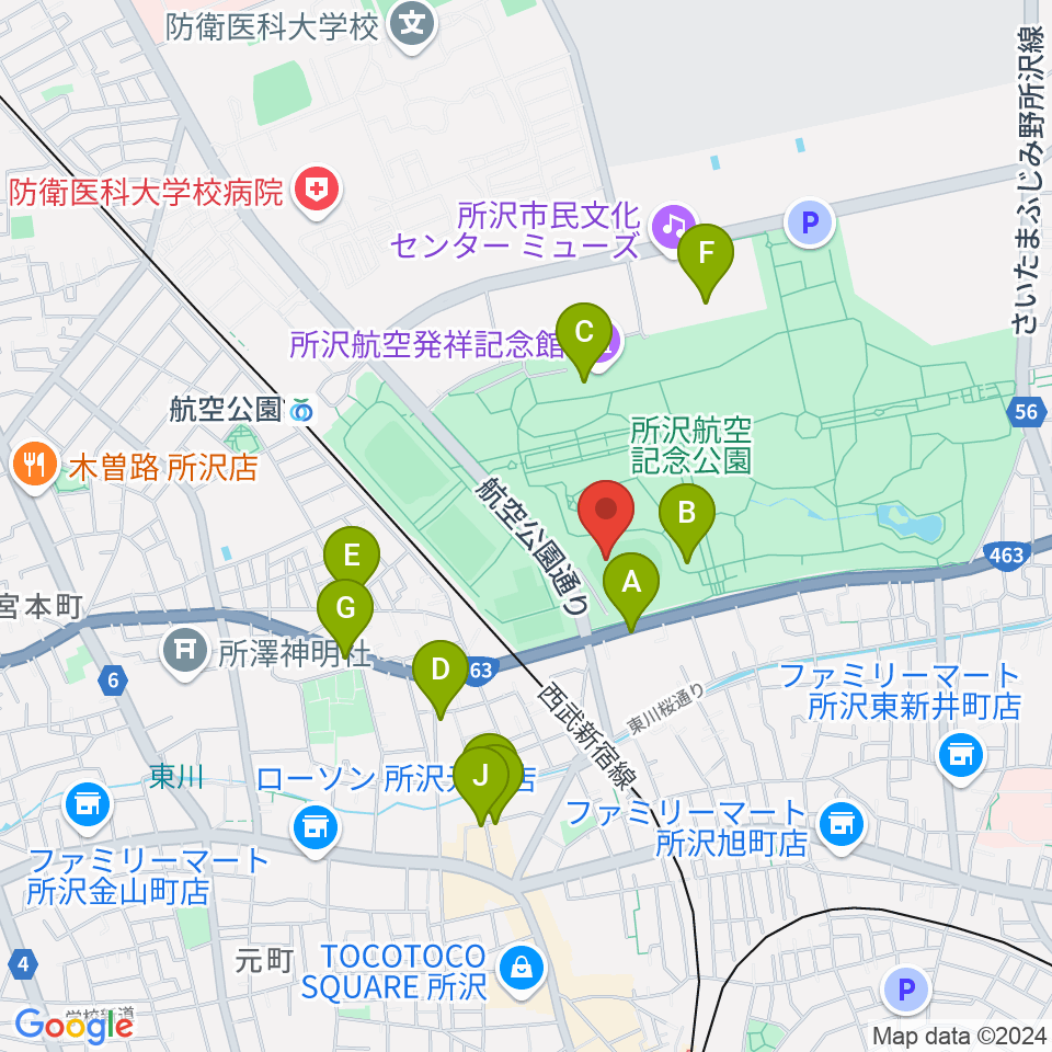 所沢航空記念公園野球場周辺のファミレス・ファーストフード一覧地図