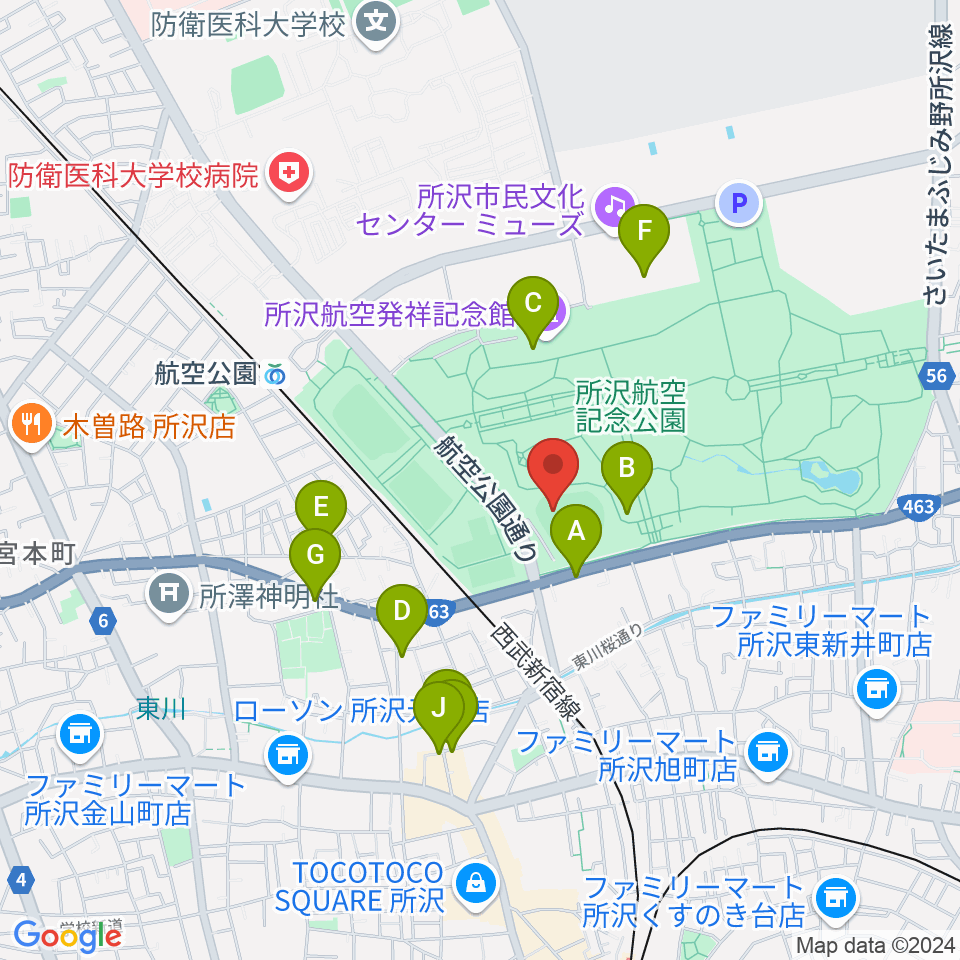 所沢航空記念公園野球場周辺のファミレス・ファーストフード一覧地図